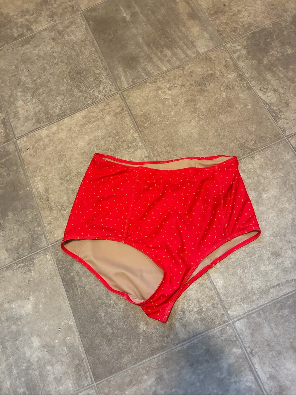 Kortni Jeane Red High-Waist Swim Bottoms with Gold Dot Print
